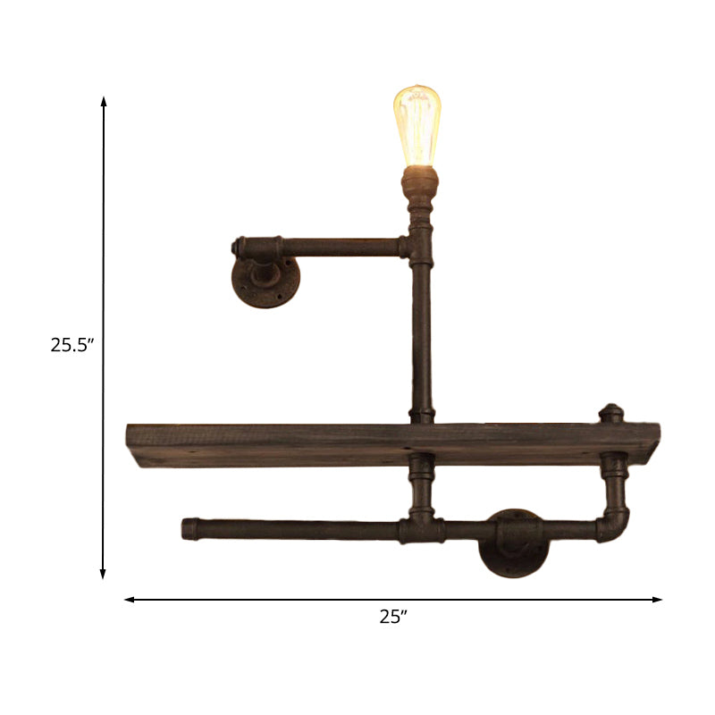1/2-Bulb Wood Shelf Wall Lighting with Water Pipe Vintage Stylish Bronze Wall Mount Light for Living Room Clearhalo 'Art deco wall lights' 'Cast Iron' 'Glass' 'Industrial wall lights' 'Industrial' 'Middle century wall lights' 'Modern' 'Rustic wall lights' 'Tiffany' 'Traditional wall lights' 'Wall Lamps & Sconces' 'Wall Lights' Lighting' 768229