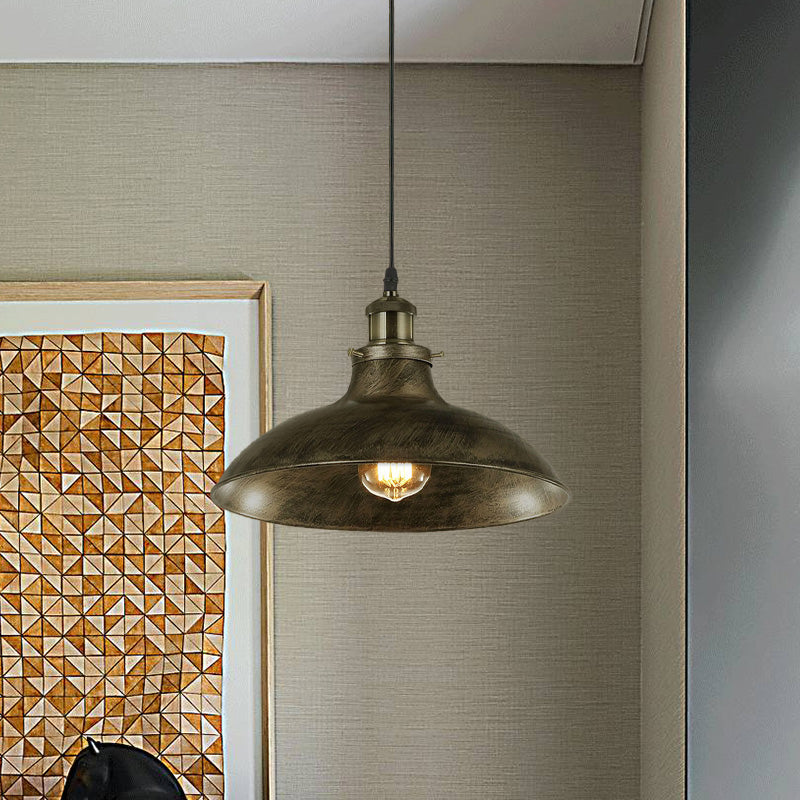 Antique Stylish Bowl Pendant Lamp 12"/14" W 1 Light Wrought Iron Hanging Fixture with Plug in Cord in Black/Grey Clearhalo 'Art Deco Pendants' 'Black' 'Cast Iron' 'Ceiling Lights' 'Ceramic' 'Crystal' 'Industrial Pendants' 'Industrial' 'Metal' 'Middle Century Pendants' 'Pendant Lights' 'Pendants' 'Rustic Pendants' 'Tiffany' Lighting' 768236