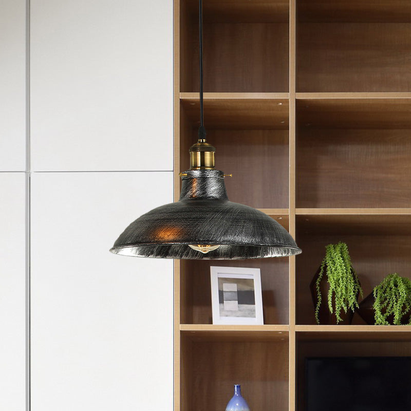 Antique Stylish Bowl Pendant Lamp 12"/14" W 1 Light Wrought Iron Hanging Fixture with Plug in Cord in Black/Grey Clearhalo 'Art Deco Pendants' 'Black' 'Cast Iron' 'Ceiling Lights' 'Ceramic' 'Crystal' 'Industrial Pendants' 'Industrial' 'Metal' 'Middle Century Pendants' 'Pendant Lights' 'Pendants' 'Rustic Pendants' 'Tiffany' Lighting' 768247