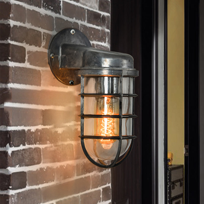 Coastal Caged Wall Lighting Fixture 1 Bulb Clear Glass Sconce Light in Brass/Copper/Chrome for Kitchen Clearhalo 'Art deco wall lights' 'Cast Iron' 'Glass' 'Industrial wall lights' 'Industrial' 'Middle century wall lights' 'Modern' 'Rustic wall lights' 'Tiffany' 'Traditional wall lights' 'Wall Lamps & Sconces' 'Wall Lights' Lighting' 768319