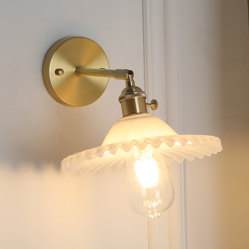 1 Light Frosted Glass Wall Sconce Light Industrial Brass Scalloped Living Room Lighting Fixture Brass Clearhalo 'Art deco wall lights' 'Cast Iron' 'Glass' 'Industrial wall lights' 'Industrial' 'Middle century wall lights' 'Modern' 'Rustic wall lights' 'Tiffany' 'Traditional wall lights' 'Wall Lamps & Sconces' 'Wall Lights' Lighting' 768467