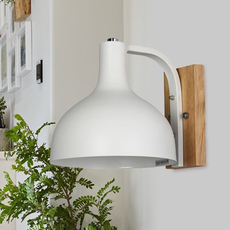1 Head Wall Lamp Contemporary Dome Shade Metal Wall Light Fixture with Wooden Backplate in White/Pink White Clearhalo 'Cast Iron' 'Glass' 'Industrial' 'Modern wall lights' 'Modern' 'Tiffany' 'Traditional wall lights' 'Wall Lamps & Sconces' 'Wall Lights' Lighting' 768482