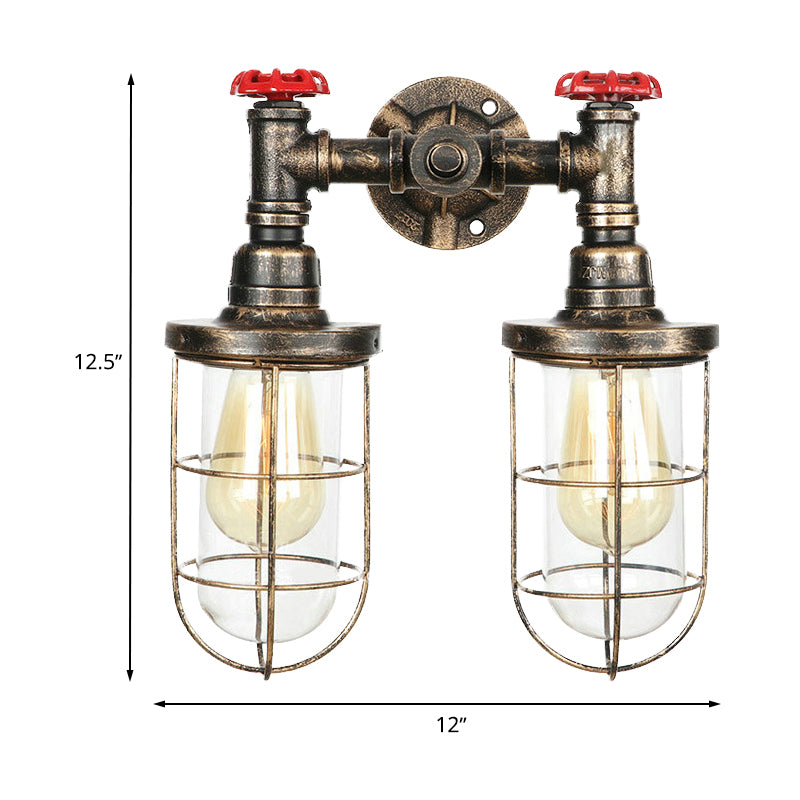 Farmhouse Wire Guard Wall Lamp with Valve Wheel 2 Bulbs Wrought Iron Sconce Lighting in Brass Clearhalo 'Art deco wall lights' 'Cast Iron' 'Glass' 'Industrial wall lights' 'Industrial' 'Middle century wall lights' 'Modern' 'Rustic wall lights' 'Tiffany' 'Traditional wall lights' 'Wall Lamps & Sconces' 'Wall Lights' Lighting' 768498