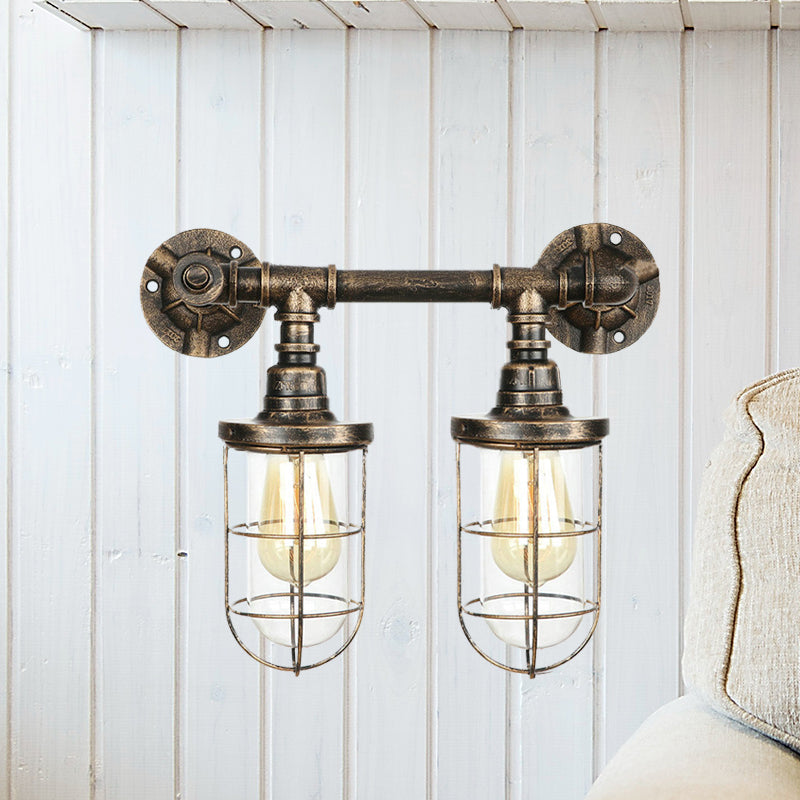 Farmhouse Wire Guard Wall Lamp with Valve Wheel 2 Bulbs Wrought Iron Sconce Lighting in Brass Clearhalo 'Art deco wall lights' 'Cast Iron' 'Glass' 'Industrial wall lights' 'Industrial' 'Middle century wall lights' 'Modern' 'Rustic wall lights' 'Tiffany' 'Traditional wall lights' 'Wall Lamps & Sconces' 'Wall Lights' Lighting' 768511