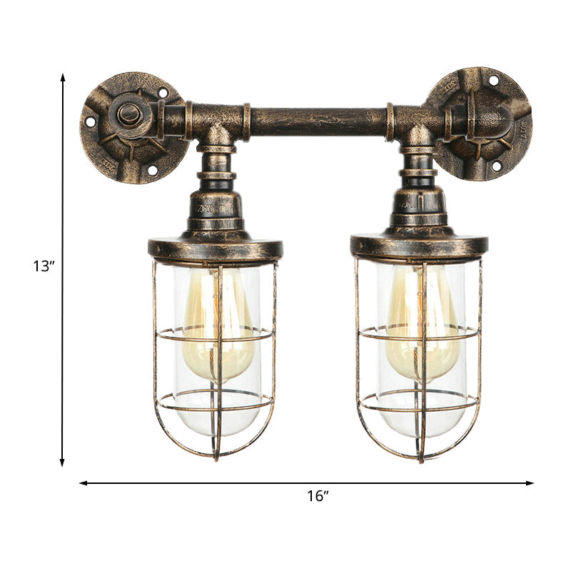 Farmhouse Wire Guard Wall Lamp with Valve Wheel 2 Bulbs Wrought Iron Sconce Lighting in Brass Clearhalo 'Art deco wall lights' 'Cast Iron' 'Glass' 'Industrial wall lights' 'Industrial' 'Middle century wall lights' 'Modern' 'Rustic wall lights' 'Tiffany' 'Traditional wall lights' 'Wall Lamps & Sconces' 'Wall Lights' Lighting' 768513