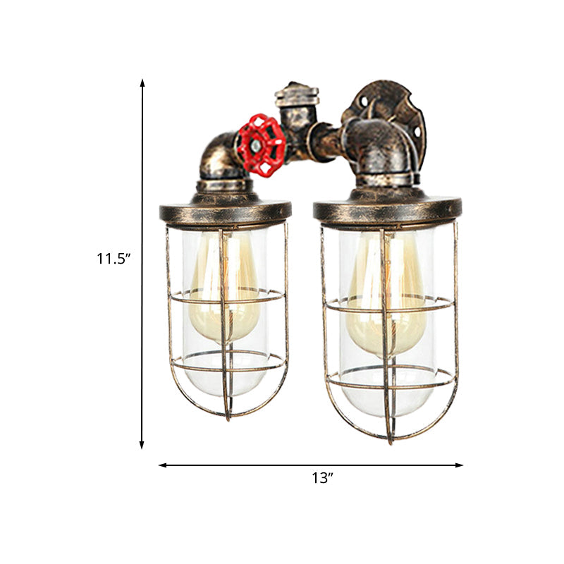 Farmhouse Wire Guard Wall Lamp with Valve Wheel 2 Bulbs Wrought Iron Sconce Lighting in Brass Clearhalo 'Art deco wall lights' 'Cast Iron' 'Glass' 'Industrial wall lights' 'Industrial' 'Middle century wall lights' 'Modern' 'Rustic wall lights' 'Tiffany' 'Traditional wall lights' 'Wall Lamps & Sconces' 'Wall Lights' Lighting' 768518