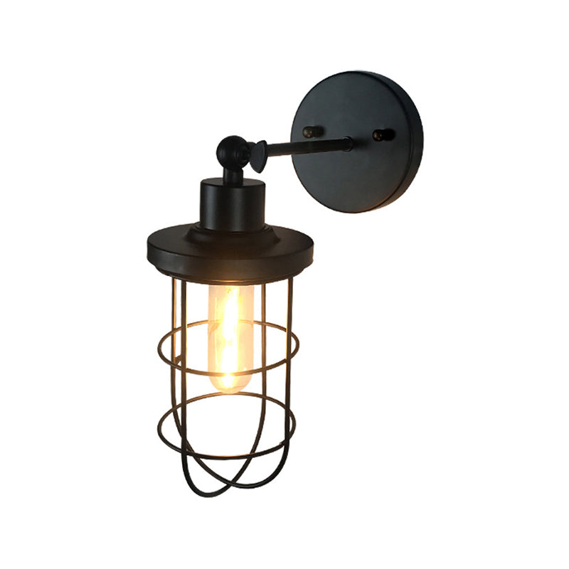 Retro Style Cylinder/Oval Caged Wall Mount Light 1 Head Metallic Mini Wall Lighting in Black for Bedside Clearhalo 'Art deco wall lights' 'Cast Iron' 'Glass' 'Industrial wall lights' 'Industrial' 'Middle century wall lights' 'Modern' 'Rustic wall lights' 'Tiffany' 'Traditional wall lights' 'Wall Lamps & Sconces' 'Wall Lights' Lighting' 768773