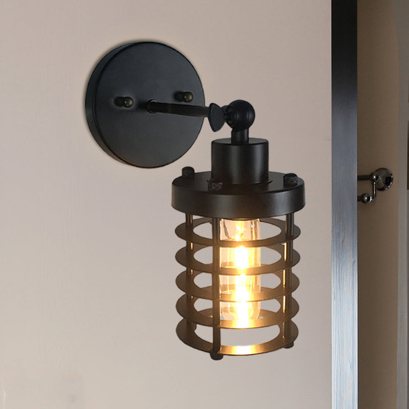 Retro Style Cylinder/Oval Caged Wall Mount Light 1 Head Metallic Mini Wall Lighting in Black for Bedside Clearhalo 'Art deco wall lights' 'Cast Iron' 'Glass' 'Industrial wall lights' 'Industrial' 'Middle century wall lights' 'Modern' 'Rustic wall lights' 'Tiffany' 'Traditional wall lights' 'Wall Lamps & Sconces' 'Wall Lights' Lighting' 768777
