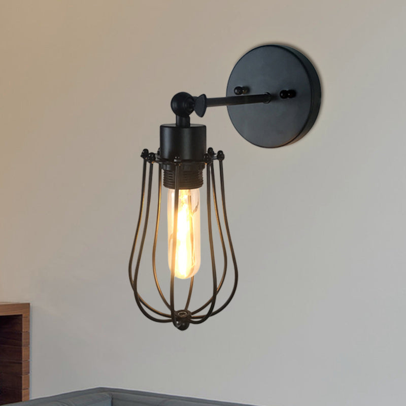 Retro Style Cylinder/Oval Caged Wall Mount Light 1 Head Metallic Mini Wall Lighting in Black for Bedside Clearhalo 'Art deco wall lights' 'Cast Iron' 'Glass' 'Industrial wall lights' 'Industrial' 'Middle century wall lights' 'Modern' 'Rustic wall lights' 'Tiffany' 'Traditional wall lights' 'Wall Lamps & Sconces' 'Wall Lights' Lighting' 768782