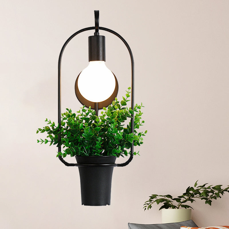 Exposed Bulb Metal Wall Sconce with Pot Decoration Lodge Style 1 Light Restaurant Wall Lighting in Black, 3"/4" W Black 3" Clearhalo 'Art deco wall lights' 'Cast Iron' 'Glass' 'Industrial wall lights' 'Industrial' 'Middle century wall lights' 'Modern' 'Rustic wall lights' 'Tiffany' 'Traditional wall lights' 'Wall Lamps & Sconces' 'Wall Lights' Lighting' 768799