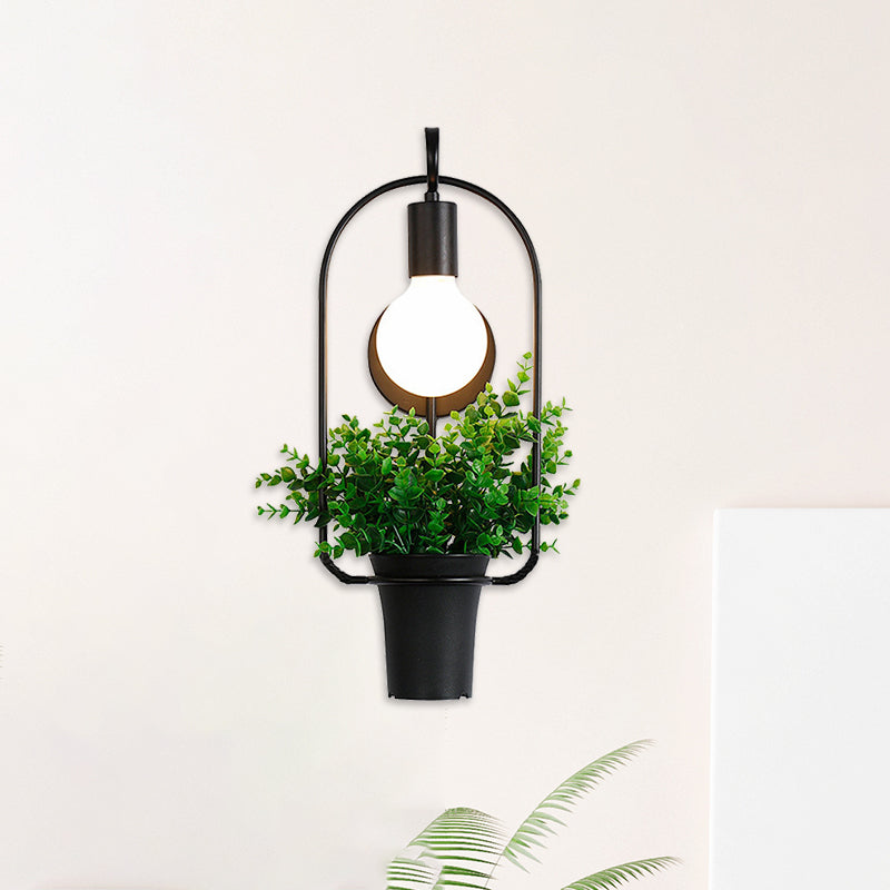 Exposed Bulb Metal Wall Sconce with Pot Decoration Lodge Style 1 Light Restaurant Wall Lighting in Black, 3"/4" W Clearhalo 'Art deco wall lights' 'Cast Iron' 'Glass' 'Industrial wall lights' 'Industrial' 'Middle century wall lights' 'Modern' 'Rustic wall lights' 'Tiffany' 'Traditional wall lights' 'Wall Lamps & Sconces' 'Wall Lights' Lighting' 768800