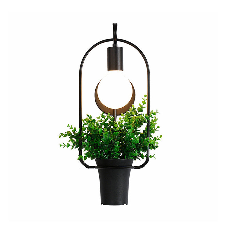 Exposed Bulb Metal Wall Sconce with Pot Decoration Lodge Style 1 Light Restaurant Wall Lighting in Black, 3"/4" W Clearhalo 'Art deco wall lights' 'Cast Iron' 'Glass' 'Industrial wall lights' 'Industrial' 'Middle century wall lights' 'Modern' 'Rustic wall lights' 'Tiffany' 'Traditional wall lights' 'Wall Lamps & Sconces' 'Wall Lights' Lighting' 768802
