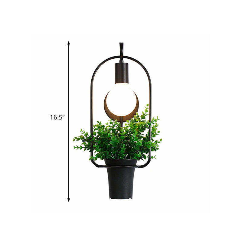 Exposed Bulb Metal Wall Sconce with Pot Decoration Lodge Style 1 Light Restaurant Wall Lighting in Black, 3"/4" W Clearhalo 'Art deco wall lights' 'Cast Iron' 'Glass' 'Industrial wall lights' 'Industrial' 'Middle century wall lights' 'Modern' 'Rustic wall lights' 'Tiffany' 'Traditional wall lights' 'Wall Lamps & Sconces' 'Wall Lights' Lighting' 768803