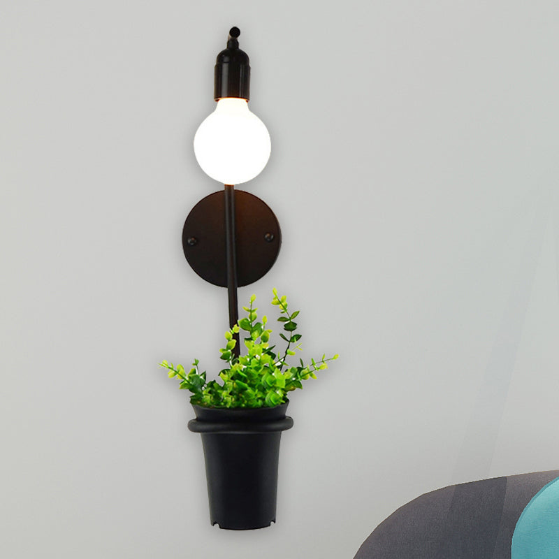 Exposed Bulb Metal Wall Sconce with Pot Decoration Lodge Style 1 Light Restaurant Wall Lighting in Black, 3"/4" W Black 10" Clearhalo 'Art deco wall lights' 'Cast Iron' 'Glass' 'Industrial wall lights' 'Industrial' 'Middle century wall lights' 'Modern' 'Rustic wall lights' 'Tiffany' 'Traditional wall lights' 'Wall Lamps & Sconces' 'Wall Lights' Lighting' 768809