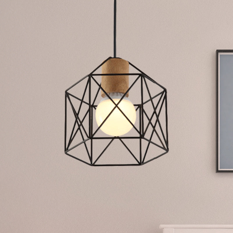 Retro Industrial Hexagon/Star Hanging Fixture 1 Head Metal and Wood Ceiling Lighting with Cage Shade in Black Clearhalo 'Art Deco Pendants' 'Black' 'Cast Iron' 'Ceiling Lights' 'Ceramic' 'Crystal' 'Industrial Pendants' 'Industrial' 'Metal' 'Middle Century Pendants' 'Pendant Lights' 'Pendants' 'Rustic Pendants' 'Tiffany' Lighting' 768912