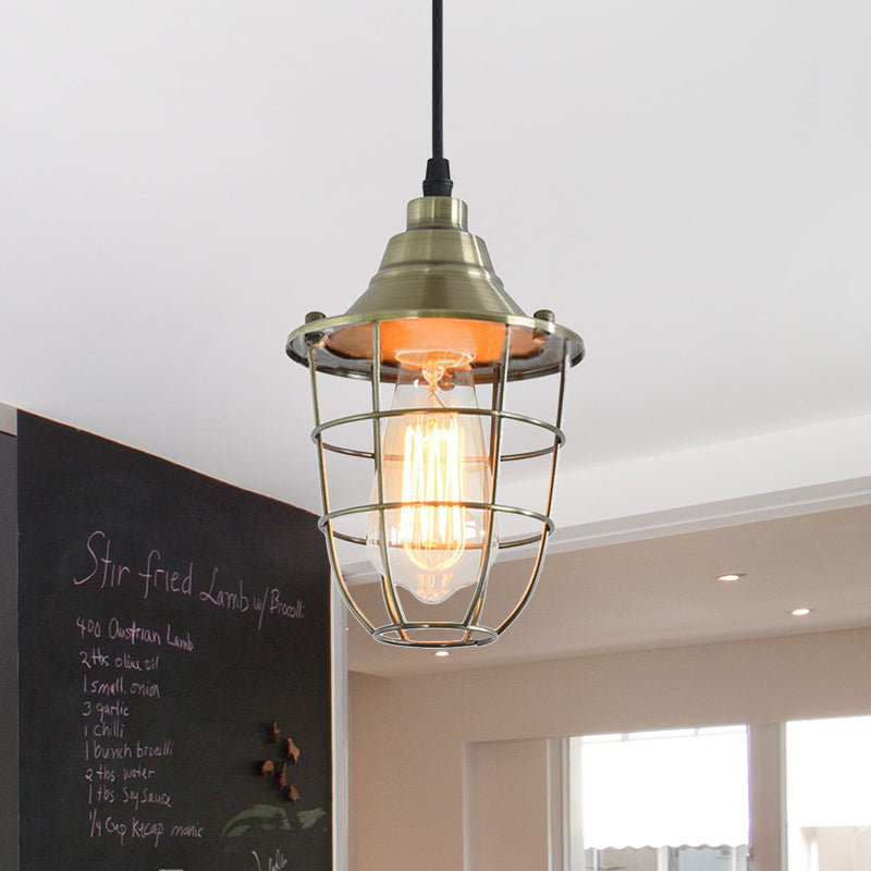 Wire Cage Bedside Hanging Light Industrial Vintage Metal 1 Bulb Brass/Chrome Finish Mini Pendant Lamp Clearhalo 'Art Deco Pendants' 'Cast Iron' 'Ceiling Lights' 'Ceramic' 'Crystal' 'Industrial Pendants' 'Industrial' 'Metal' 'Middle Century Pendants' 'Pendant Lights' 'Pendants' 'Tiffany' Lighting' 768941