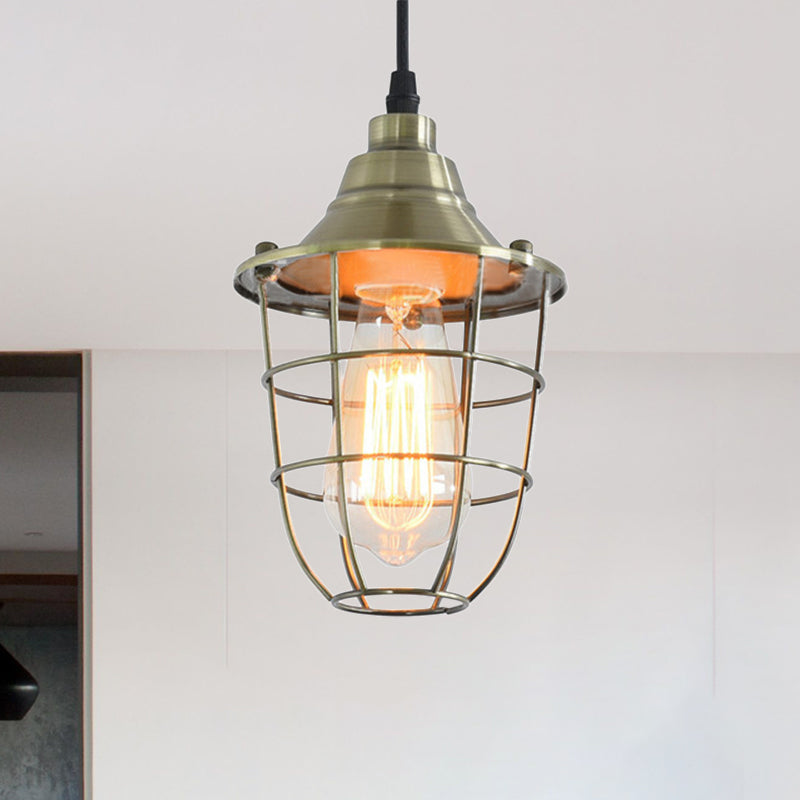 Wire Cage Bedside Hanging Light Industrial Vintage Metal 1 Bulb Brass/Chrome Finish Mini Pendant Lamp Clearhalo 'Art Deco Pendants' 'Cast Iron' 'Ceiling Lights' 'Ceramic' 'Crystal' 'Industrial Pendants' 'Industrial' 'Metal' 'Middle Century Pendants' 'Pendant Lights' 'Pendants' 'Tiffany' Lighting' 768942