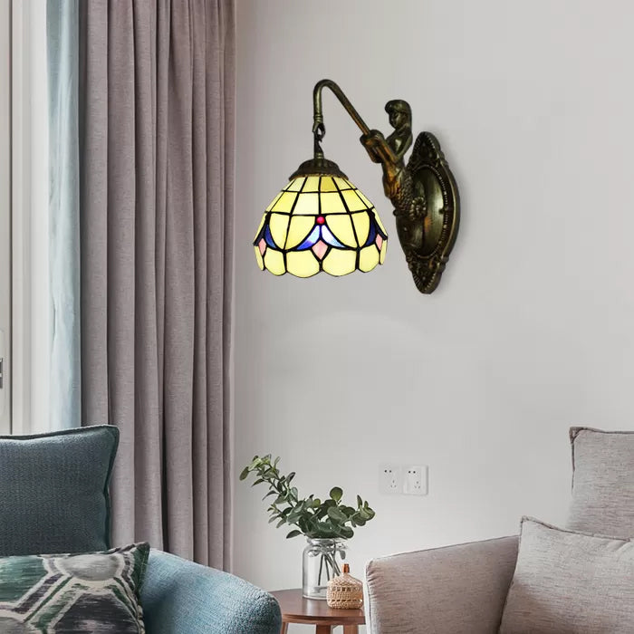 1 Head Dome Sconce Light Baroque White/Beige Glass Wall Mount Lighting with Mermaid Backplate, 6"/8" Wide Beige 6" Clearhalo 'Industrial' 'Middle century wall lights' 'Tiffany wall lights' 'Tiffany' 'Wall Lamps & Sconces' 'Wall Lights' Lighting' 7698