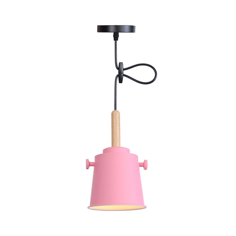 Modern Bucket Hanging Lamp with Adjustable Cord Single Light Metal Pendant Light in Wood Clearhalo 'Art Deco Pendants' 'Cast Iron' 'Ceiling Lights' 'Ceramic' 'Crystal' 'Industrial Pendants' 'Industrial' 'Metal' 'Middle Century Pendants' 'Pendant Lights' 'Pendants' 'Tiffany' Lighting' 770767