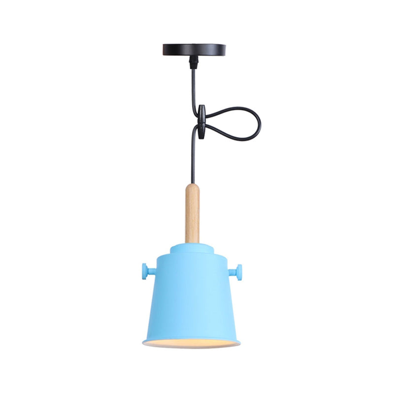 Modern Bucket Hanging Lamp with Adjustable Cord Single Light Metal Pendant Light in Wood Clearhalo 'Art Deco Pendants' 'Cast Iron' 'Ceiling Lights' 'Ceramic' 'Crystal' 'Industrial Pendants' 'Industrial' 'Metal' 'Middle Century Pendants' 'Pendant Lights' 'Pendants' 'Tiffany' Lighting' 770775