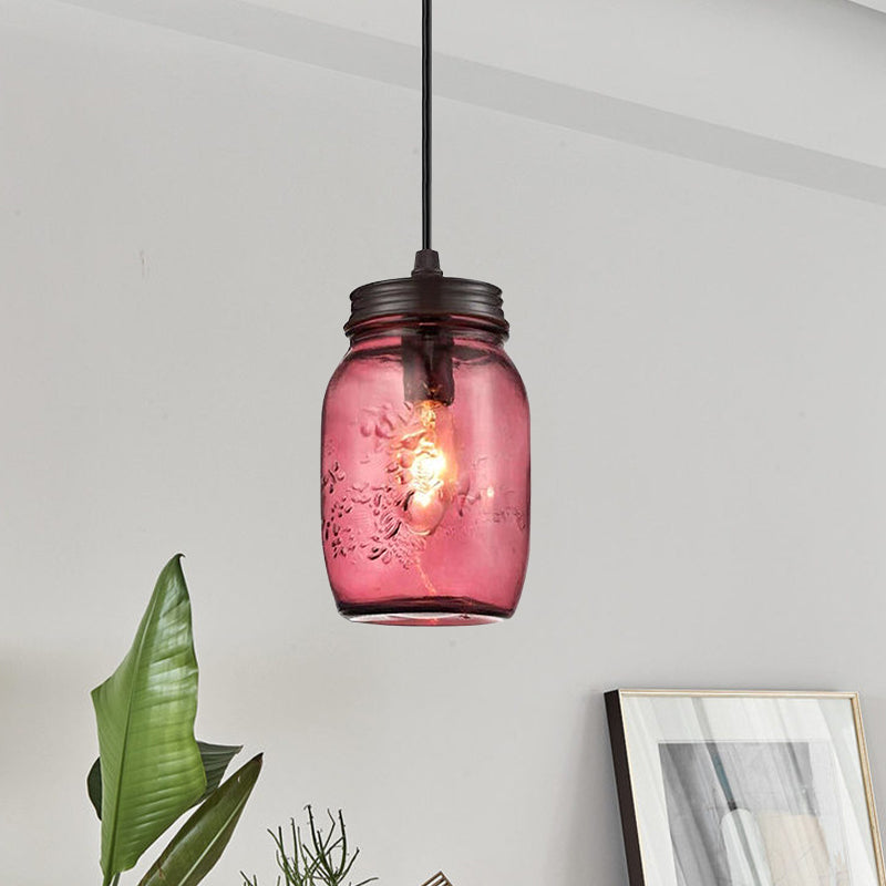 1-Light Pendant Lighting Modern Caged Mason Jar Blown Glass Hanging Ceiling Light in Red/Green/Amber Clearhalo 'Ceiling Lights' 'Glass shade' 'Glass' 'Industrial Pendants' 'Industrial' 'Island Lights' 'Middle Century Pendants' 'Pendant Lights' 'Pendants' 'Tiffany' Lighting' 770880