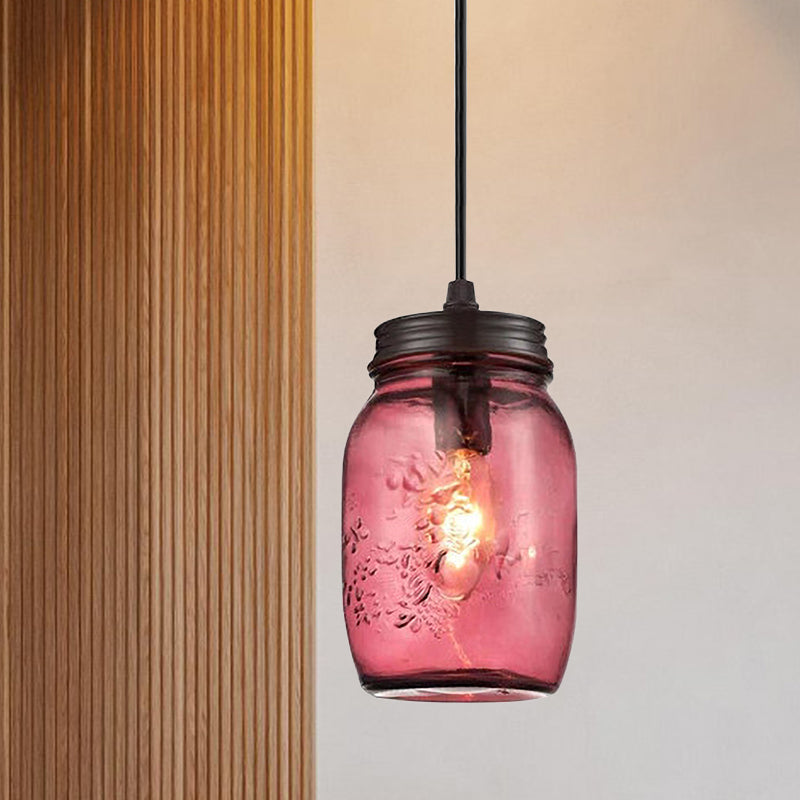 1-Light Pendant Lighting Modern Caged Mason Jar Blown Glass Hanging Ceiling Light in Red/Green/Amber Clearhalo 'Ceiling Lights' 'Glass shade' 'Glass' 'Industrial Pendants' 'Industrial' 'Island Lights' 'Middle Century Pendants' 'Pendant Lights' 'Pendants' 'Tiffany' Lighting' 770881