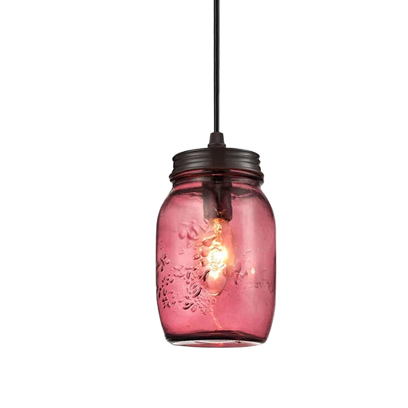 1-Light Pendant Lighting Modern Caged Mason Jar Blown Glass Hanging Ceiling Light in Red/Green/Amber Clearhalo 'Ceiling Lights' 'Glass shade' 'Glass' 'Industrial Pendants' 'Industrial' 'Island Lights' 'Middle Century Pendants' 'Pendant Lights' 'Pendants' 'Tiffany' Lighting' 770882