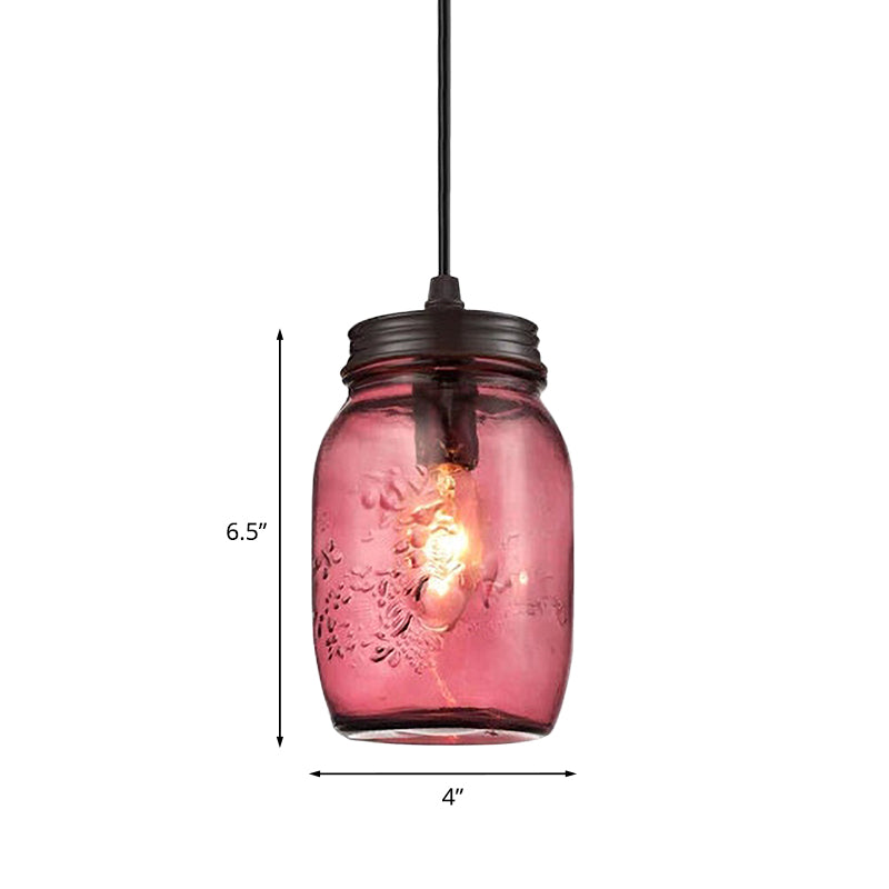 1-Light Pendant Lighting Modern Caged Mason Jar Blown Glass Hanging Ceiling Light in Red/Green/Amber Clearhalo 'Ceiling Lights' 'Glass shade' 'Glass' 'Industrial Pendants' 'Industrial' 'Island Lights' 'Middle Century Pendants' 'Pendant Lights' 'Pendants' 'Tiffany' Lighting' 770883