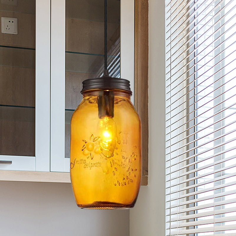 1-Light Pendant Lighting Modern Caged Mason Jar Blown Glass Hanging Ceiling Light in Red/Green/Amber Amber Clearhalo 'Ceiling Lights' 'Glass shade' 'Glass' 'Industrial Pendants' 'Industrial' 'Island Lights' 'Middle Century Pendants' 'Pendant Lights' 'Pendants' 'Tiffany' Lighting' 770884