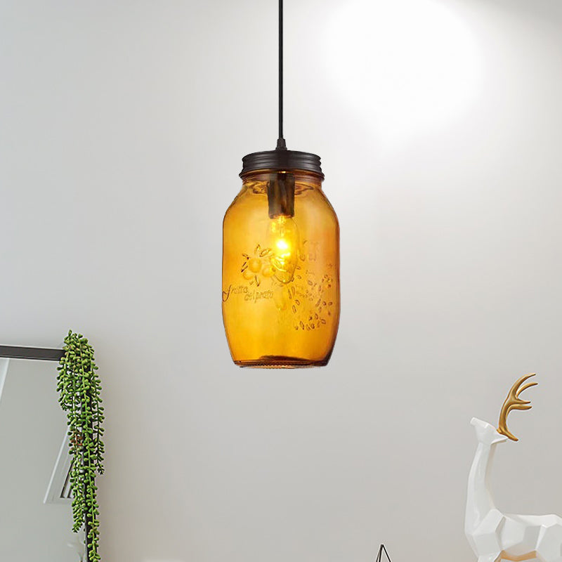 1-Light Pendant Lighting Modern Caged Mason Jar Blown Glass Hanging Ceiling Light in Red/Green/Amber Clearhalo 'Ceiling Lights' 'Glass shade' 'Glass' 'Industrial Pendants' 'Industrial' 'Island Lights' 'Middle Century Pendants' 'Pendant Lights' 'Pendants' 'Tiffany' Lighting' 770885
