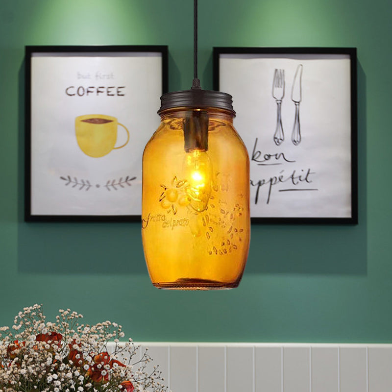 1-Light Pendant Lighting Modern Caged Mason Jar Blown Glass Hanging Ceiling Light in Red/Green/Amber Clearhalo 'Ceiling Lights' 'Glass shade' 'Glass' 'Industrial Pendants' 'Industrial' 'Island Lights' 'Middle Century Pendants' 'Pendant Lights' 'Pendants' 'Tiffany' Lighting' 770886