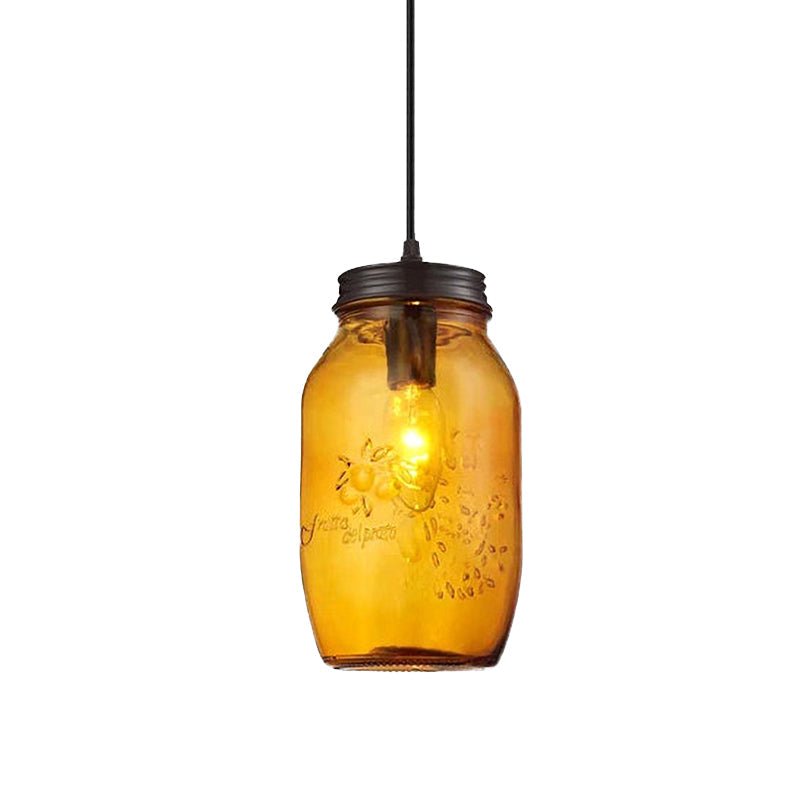 1-Light Pendant Lighting Modern Caged Mason Jar Blown Glass Hanging Ceiling Light in Red/Green/Amber Clearhalo 'Ceiling Lights' 'Glass shade' 'Glass' 'Industrial Pendants' 'Industrial' 'Island Lights' 'Middle Century Pendants' 'Pendant Lights' 'Pendants' 'Tiffany' Lighting' 770887