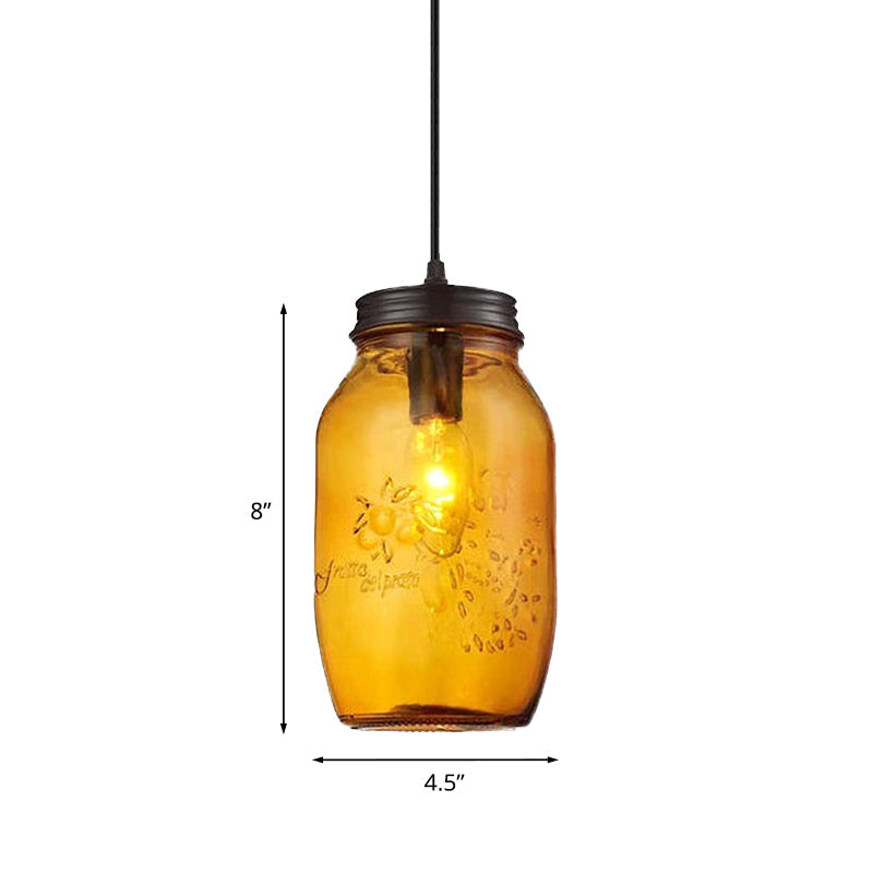 1-Light Pendant Lighting Modern Caged Mason Jar Blown Glass Hanging Ceiling Light in Red/Green/Amber Clearhalo 'Ceiling Lights' 'Glass shade' 'Glass' 'Industrial Pendants' 'Industrial' 'Island Lights' 'Middle Century Pendants' 'Pendant Lights' 'Pendants' 'Tiffany' Lighting' 770888