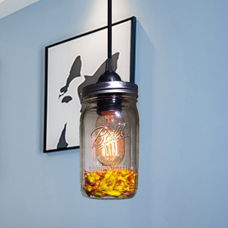 1-Light Pendant Lighting Modern Caged Mason Jar Blown Glass Hanging Ceiling Light in Red/Green/Amber Clearhalo 'Ceiling Lights' 'Glass shade' 'Glass' 'Industrial Pendants' 'Industrial' 'Island Lights' 'Middle Century Pendants' 'Pendant Lights' 'Pendants' 'Tiffany' Lighting' 770889