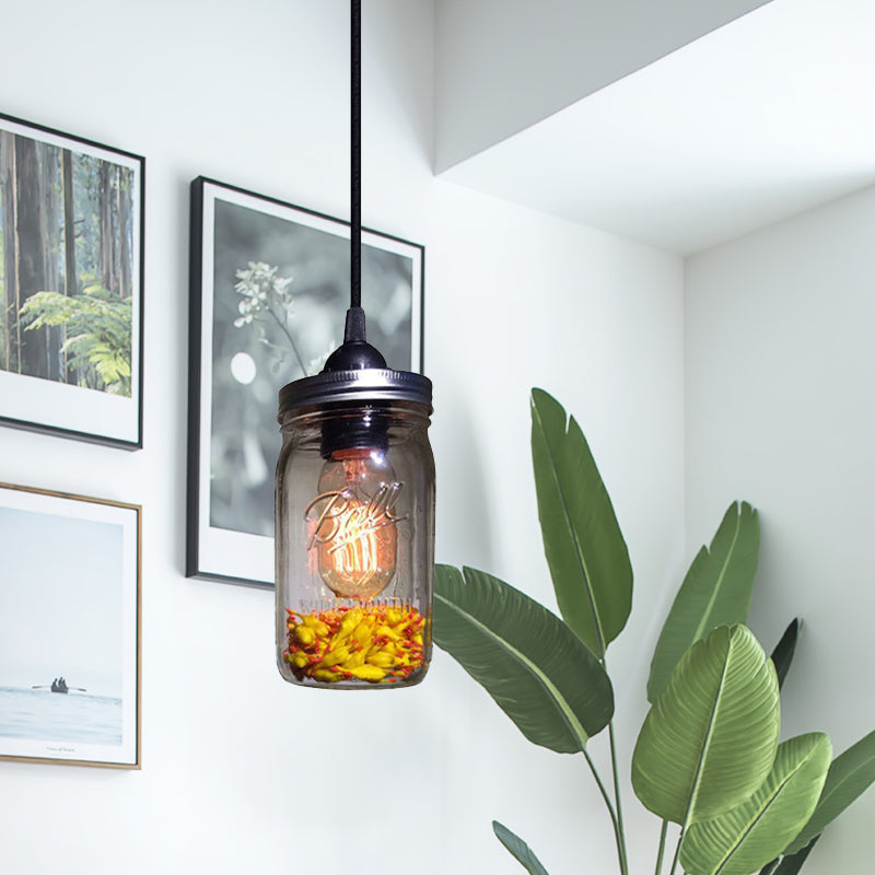 1-Light Pendant Lighting Modern Caged Mason Jar Blown Glass Hanging Ceiling Light in Red/Green/Amber Clearhalo 'Ceiling Lights' 'Glass shade' 'Glass' 'Industrial Pendants' 'Industrial' 'Island Lights' 'Middle Century Pendants' 'Pendant Lights' 'Pendants' 'Tiffany' Lighting' 770890