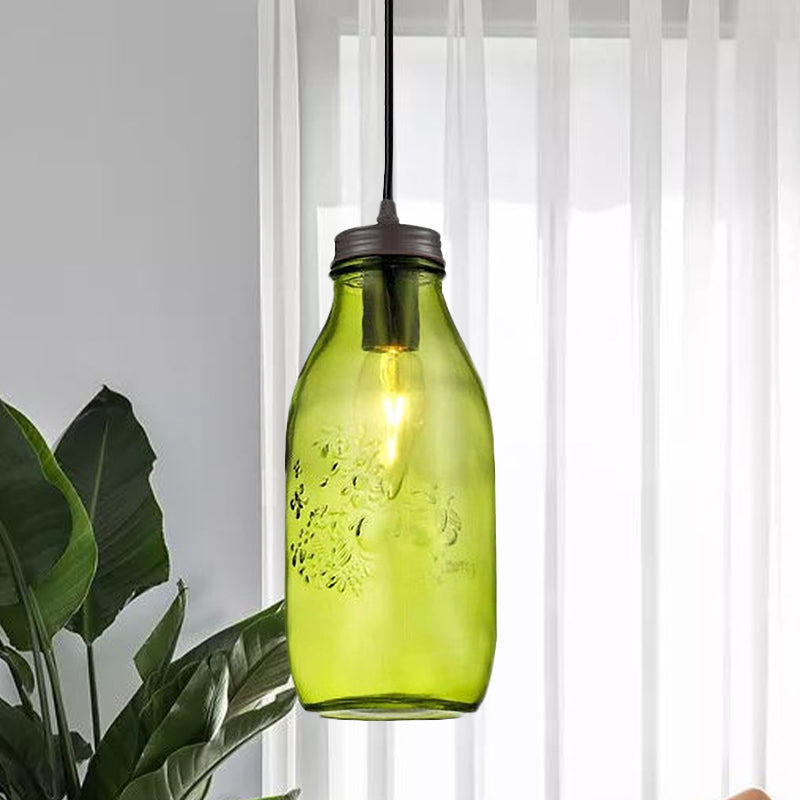 1-Light Pendant Lighting Modern Caged Mason Jar Blown Glass Hanging Ceiling Light in Red/Green/Amber Green Clearhalo 'Ceiling Lights' 'Glass shade' 'Glass' 'Industrial Pendants' 'Industrial' 'Island Lights' 'Middle Century Pendants' 'Pendant Lights' 'Pendants' 'Tiffany' Lighting' 770894
