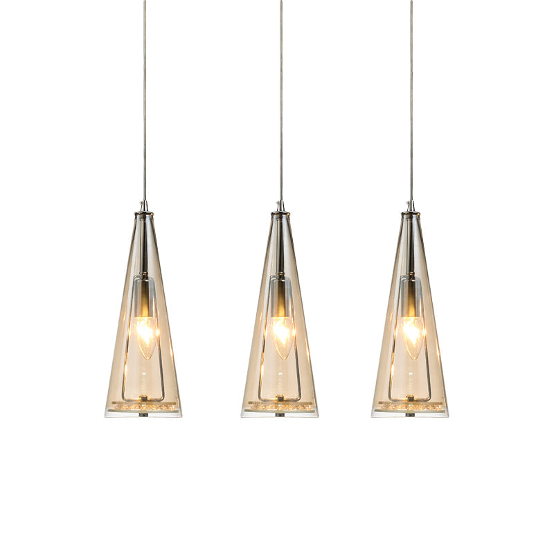 Modern Cone Pendant Lamp Blue/Amber/Clear Glass 3 Lights Hanging Ceiling Light in Chrome with Round/Linear Canopy Clearhalo 'Ceiling Lights' 'Glass shade' 'Glass' 'Modern Pendants' 'Modern' 'Pendant Lights' 'Pendants' Lighting' 771277