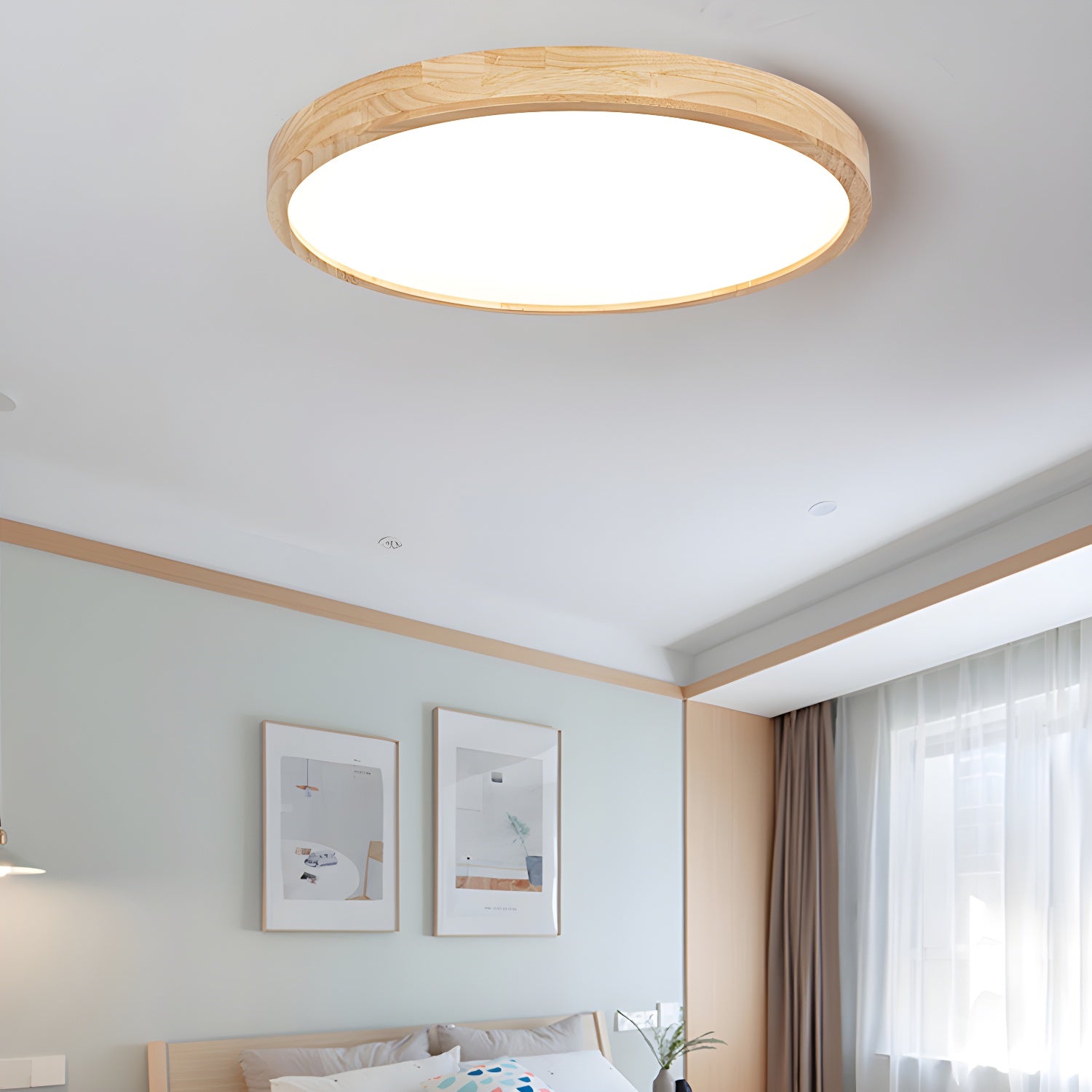 Contemporary LED Ceiling Light Geometric Wooden Flush Mount Light Fixture for Bedroom