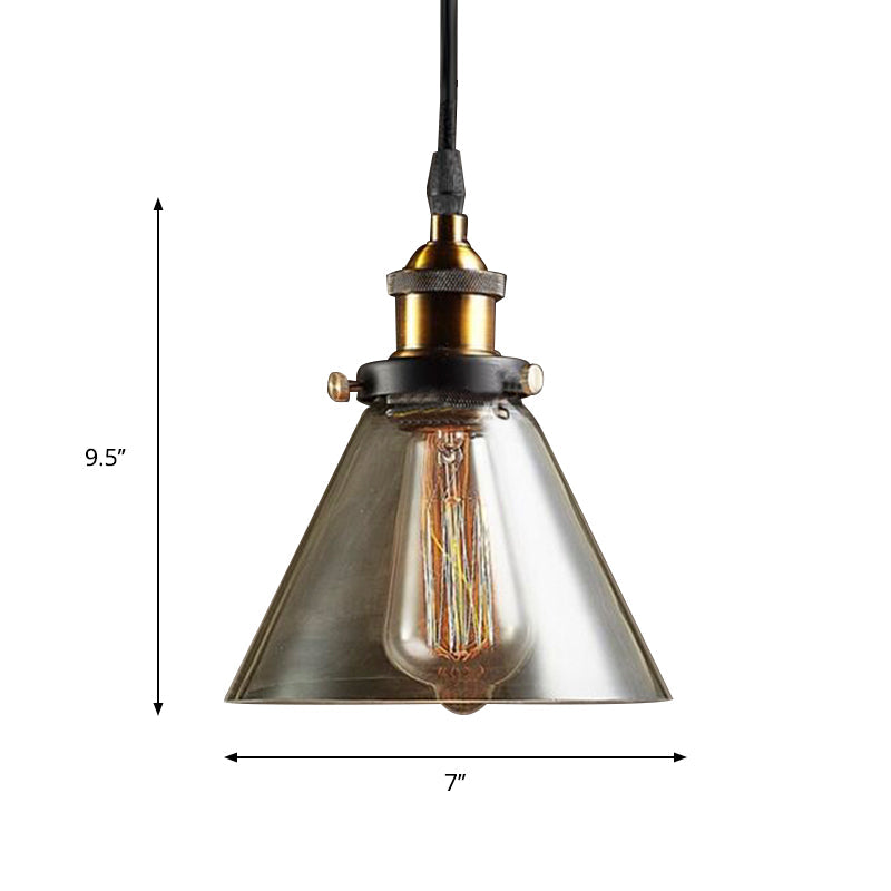 1-Light Cone Pendant Lighting Fixture Industrial Brass Smoked Glass Hanging Ceiling Light Clearhalo 'Ceiling Lights' 'Glass shade' 'Glass' 'Industrial Pendants' 'Industrial' 'Middle Century Pendants' 'Pendant Lights' 'Pendants' 'Tiffany' Lighting' 773339