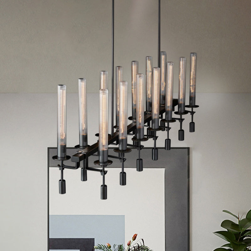 Black/Brass/Nickle Tube Island Chandelier Post Modern Multi Lights Fluted Glass Led Hanging Lamp Fixture with Linear Design Clearhalo 'Ceiling Lights' 'Glass shade' 'Glass' 'Island Lights' Lighting' 773924