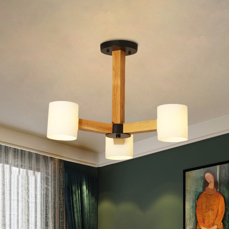 White Cylindrical Shade Pendant Lighting Japanese Stylish Glass & Wood Chandelier for Bedroom Clearhalo 'Carpenter Chandeliers' 'Ceiling Lights' 'Chandeliers' 'Industrial' 'Modern Chandeliers' 'Modern' Lighting' 774439