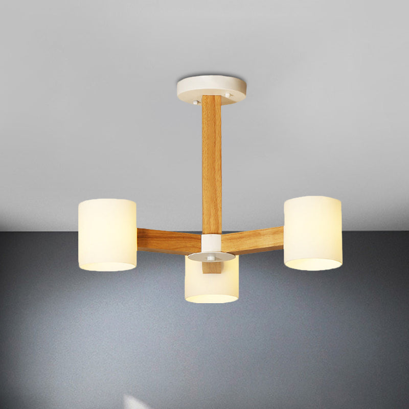 White Cylindrical Shade Pendant Lighting Japanese Stylish Glass & Wood Chandelier for Bedroom Clearhalo 'Carpenter Chandeliers' 'Ceiling Lights' 'Chandeliers' 'Industrial' 'Modern Chandeliers' 'Modern' Lighting' 774444