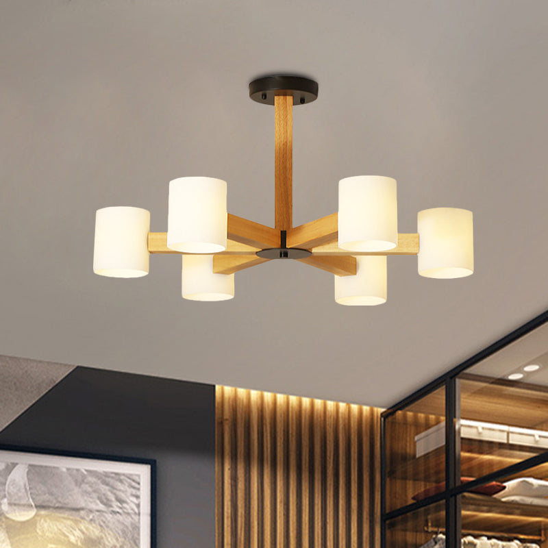White Cylindrical Shade Pendant Lighting Japanese Stylish Glass & Wood Chandelier for Bedroom 6 Black Clearhalo 'Carpenter Chandeliers' 'Ceiling Lights' 'Chandeliers' 'Industrial' 'Modern Chandeliers' 'Modern' Lighting' 774446