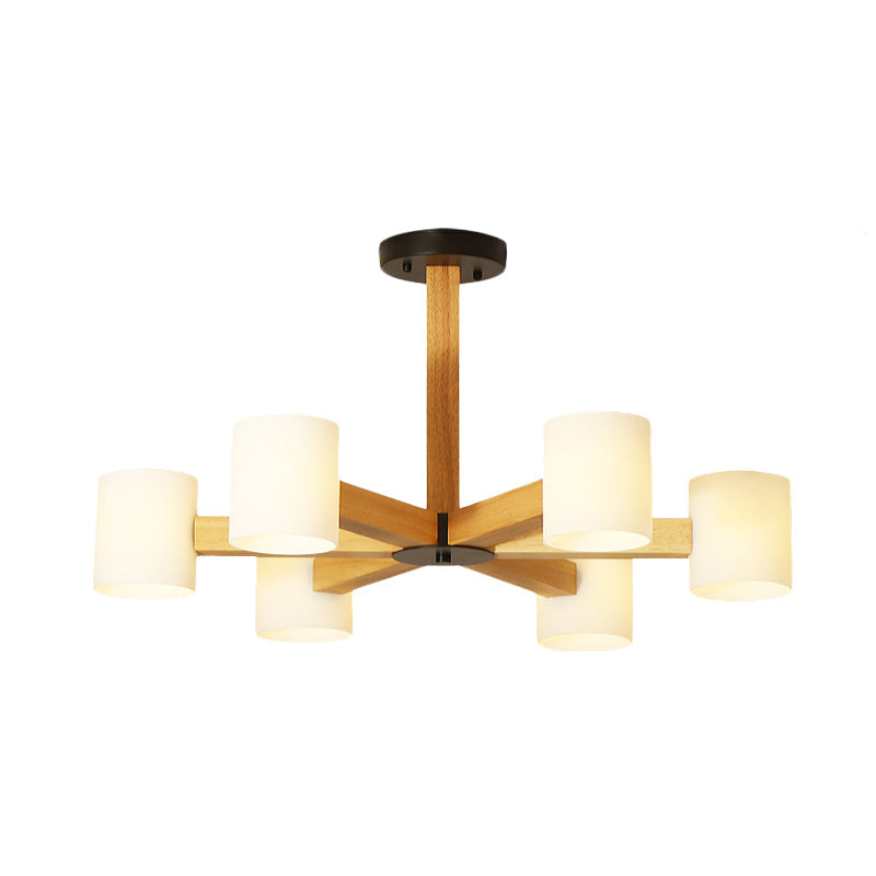 White Cylindrical Shade Pendant Lighting Japanese Stylish Glass & Wood Chandelier for Bedroom Clearhalo 'Carpenter Chandeliers' 'Ceiling Lights' 'Chandeliers' 'Industrial' 'Modern Chandeliers' 'Modern' Lighting' 774448