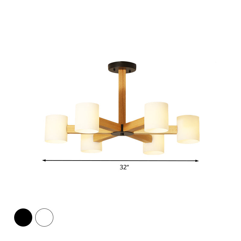 White Cylindrical Shade Pendant Lighting Japanese Stylish Glass & Wood Chandelier for Bedroom Clearhalo 'Carpenter Chandeliers' 'Ceiling Lights' 'Chandeliers' 'Industrial' 'Modern Chandeliers' 'Modern' Lighting' 774449