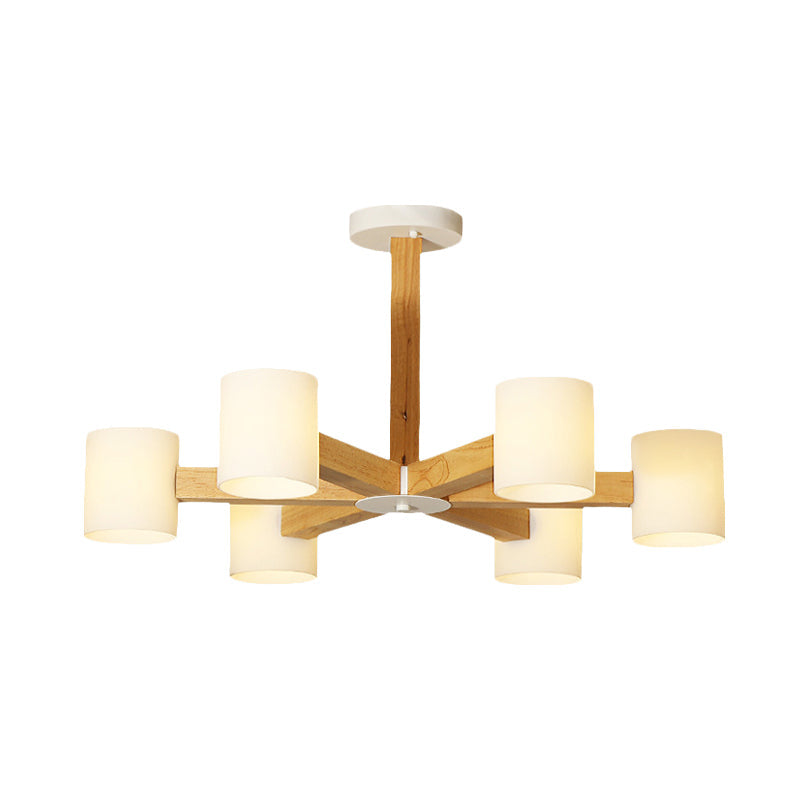 White Cylindrical Shade Pendant Lighting Japanese Stylish Glass & Wood Chandelier for Bedroom Clearhalo 'Carpenter Chandeliers' 'Ceiling Lights' 'Chandeliers' 'Industrial' 'Modern Chandeliers' 'Modern' Lighting' 774452