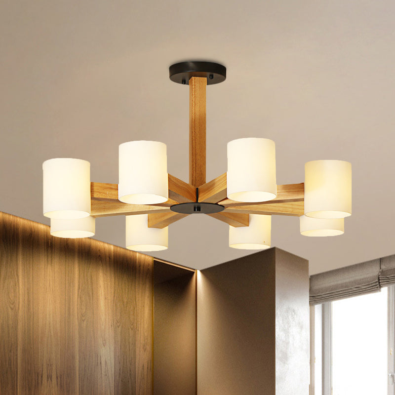 White Cylindrical Shade Pendant Lighting Japanese Stylish Glass & Wood Chandelier for Bedroom 8 Black Clearhalo 'Carpenter Chandeliers' 'Ceiling Lights' 'Chandeliers' 'Industrial' 'Modern Chandeliers' 'Modern' Lighting' 774453