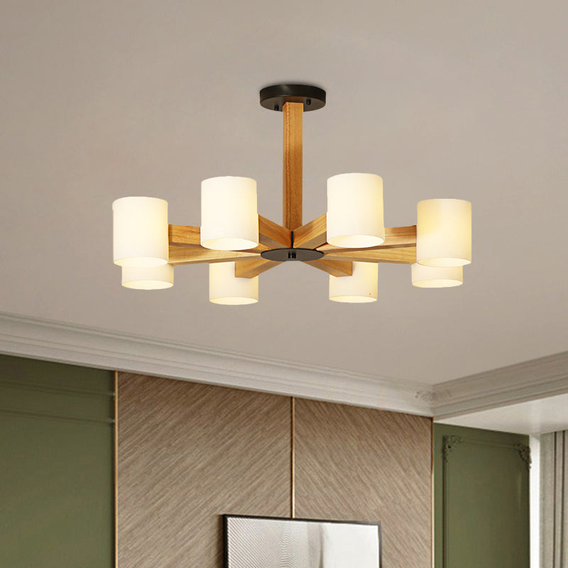 White Cylindrical Shade Pendant Lighting Japanese Stylish Glass & Wood Chandelier for Bedroom Clearhalo 'Carpenter Chandeliers' 'Ceiling Lights' 'Chandeliers' 'Industrial' 'Modern Chandeliers' 'Modern' Lighting' 774454