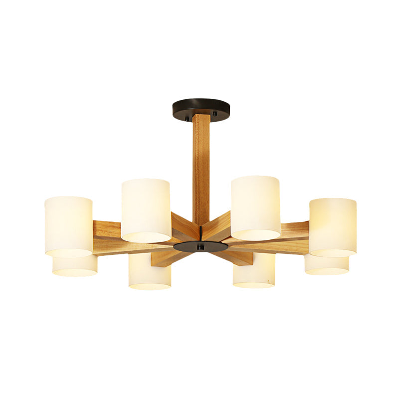 White Cylindrical Shade Pendant Lighting Japanese Stylish Glass & Wood Chandelier for Bedroom Clearhalo 'Carpenter Chandeliers' 'Ceiling Lights' 'Chandeliers' 'Industrial' 'Modern Chandeliers' 'Modern' Lighting' 774455