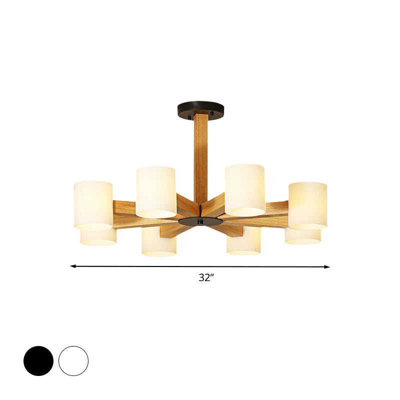 White Cylindrical Shade Pendant Lighting Japanese Stylish Glass & Wood Chandelier for Bedroom Clearhalo 'Carpenter Chandeliers' 'Ceiling Lights' 'Chandeliers' 'Industrial' 'Modern Chandeliers' 'Modern' Lighting' 774456